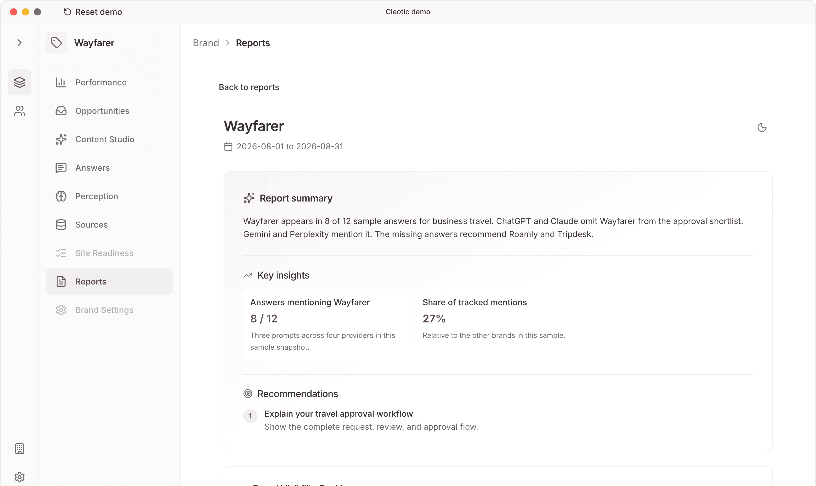 A client report in Cleotic, with an executive summary and key insights.